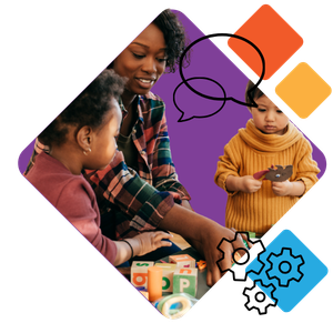 An adult and two young children play with blocks and toys, surrounded by colorful geometric shapes, speech bubble, and gear icons on a purple background.