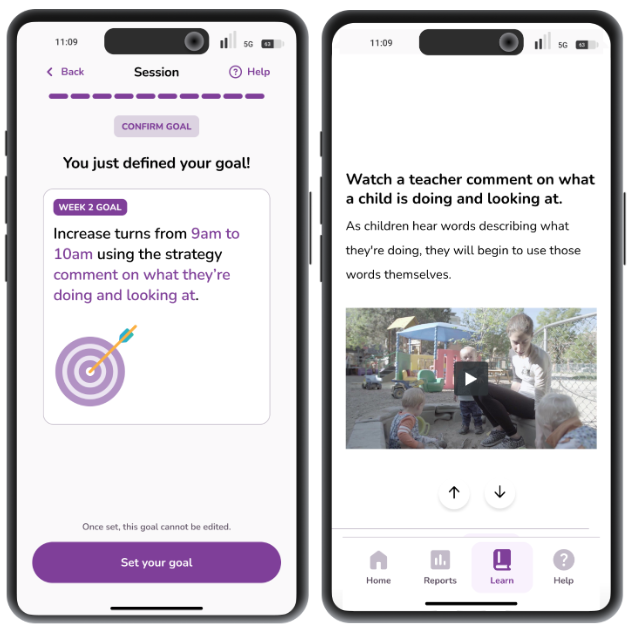 Two smartphone screens display a professional development app: the first screen allows users to set a goal for increasing specific interactions, while the second screen features a video of a teacher commenting on children’s activities in an outdoor play area.