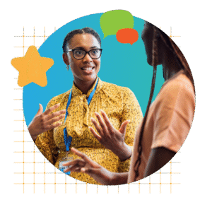 Two women talking, one wearing glasses and a yellow patterned blouse with a lanyard, gesturing with her hands. Speech bubbles and a star graphic are in the background.