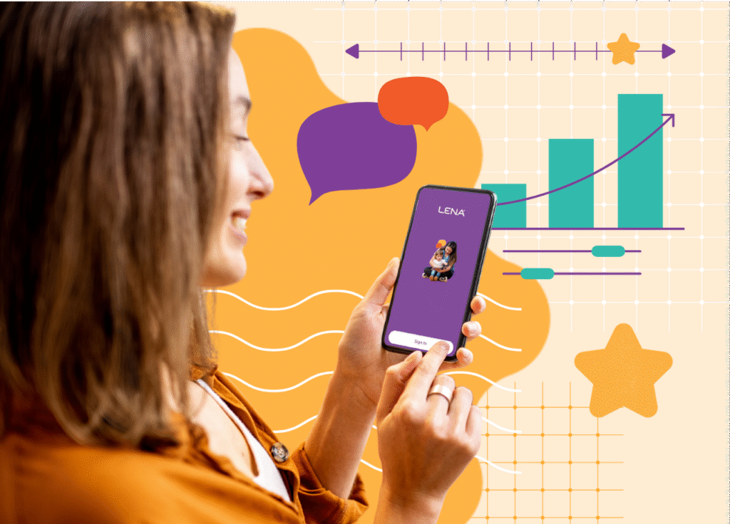 A smiling woman holds a smartphone displaying an app called “LENA.” Colorful charts, graphs, and abstract shapes are illustrated in the background, suggesting technology or app usage.
