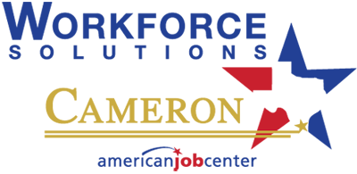Logo for Workforce Solutions Cameron featuring a stylized red, white, and blue star, with “american job center” text below.