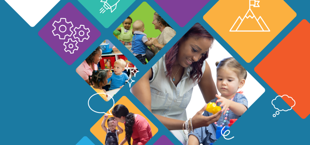 A collage of adults interacting with toddlers, teaching and playing, with colorful diamond shapes, gears, and mountain icons in the background.