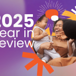 A happy family smiles and plays together within a circular frame on a purple background, overlaid with bold text reading "2025 Year in Review" and decorative orange and white graphic elements.