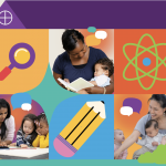 A colorful illustration of a house with photos of adults and children reading and playing, surrounded by icons of a magnifying glass, atom, and pencil, symbolizing learning and education.