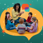 A woman sits on the floor, clapping and smiling with five young children in a circle, inside a yellow speech bubble on a green, starry background with colorful speech bubbles and stars.
