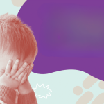 A young child covers their face with both hands, appearing upset. The background features abstract pastel shapes with a large purple area on the right side.