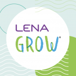 Logo with the words "LENA GROW" in colorful, playful font inside a white circle. The background has abstract shapes and wavy lines in light green and blue tones.