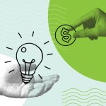 A graphic shows a grayscale hand holding an illustrated lightbulb, while a green-tinted hand offers a coin with a dollar sign. The background features abstract wave patterns in green and white.
