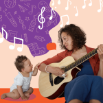 A woman plays guitar while a baby sits nearby, reaching towards her. Musical notes and creative doodles flow from their heads, symbolizing music and imagination. The background is colorful with purple and orange tones.