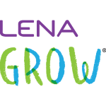 The image shows the "LENA Grow" logo. "LENA" is written in purple uppercase letters, and "GROW" is in playful, crayon-like green and blue uppercase letters, with a registered trademark symbol.