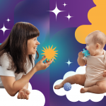 A woman lies on her stomach smiling at a seated baby holding a teething toy. Both are surrounded by colorful clouds and stars on a purple and orange background, with toy balls nearby.