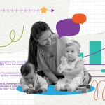 A woman smiles at two young children, one crawling and one sitting, on a textured background with graphs, icons, and colorful shapes representing growth, achievement, and data visualization.