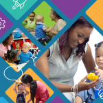 A collage of adults interacting with toddlers, teaching and playing, with colorful diamond shapes, gears, and mountain icons in the background.