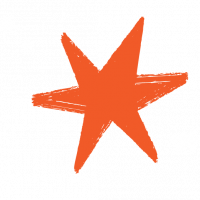 A large, rough-textured orange star is centered on a light gray background, with three smaller, white stars scattered around it.