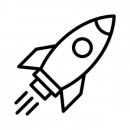 Simple black and white line drawing of a rocket ship with three fins and a round window, shown blasting off with lines indicating motion or propulsion from the engines.