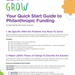 A colorful guide titled "Your Quick Start Guide to Philanthropic Funding" from LENA Grow lists tips for grant success, including being specific with the problem and using LENA’s Theory of Change. Decorative shapes border the page.