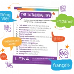 A colorful flyer titled "The 14 Talking Tips" lists ways to encourage talking with children. Speech bubbles in various languages surround the flyer, including Vietnamese, Spanish, Korean, Ukrainian, Hindi, and French.