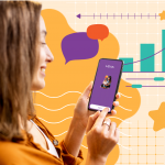 A smiling woman holds a smartphone displaying an app called “LENA.” Colorful charts, graphs, and abstract shapes are illustrated in the background, suggesting technology or app usage.