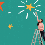 A woman standing on a ladder reaches up toward a large, illustrated yellow star among several red and yellow stars on a teal background.