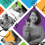 A smiling woman points upward, surrounded by colorful diamond shapes with gears, a rocket, a baby, and parents interacting with children—symbolizing creativity, learning, care, and the importance of investing in early childhood educators.