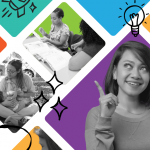 A smiling woman points upward, surrounded by colorful geometric shapes with black-and-white photos of people reading and talking—symbolizing ideas on teacher retention. Various icons, such as gears and a lightbulb, are overlaid on the shapes.