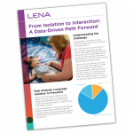 A brochure titled "From Isolation to Interaction: A Data-Driven Path Forward" shows a woman interacting with a smiling baby. The page includes text sections, a pie chart, and the LENA logo at the top.