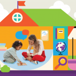 A young child and an adult sit on the floor playing with an educational board game inside a colorful, cartoon-style school building illustration, creating a language rich environment with books, a globe, pencil, and magnifying glass icons.