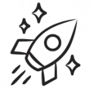 A simple black and white line drawing of a rocket ship launching into the sky, with three stars surrounding it to indicate motion and space.