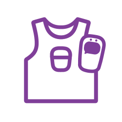 Purple outline icon of a vest with a pocket on the chest and an armband displaying a speech bubble on the right shoulder, set against a light background.