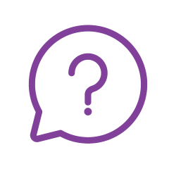 A purple speech bubble outline with a question mark inside, set against a light gray background.